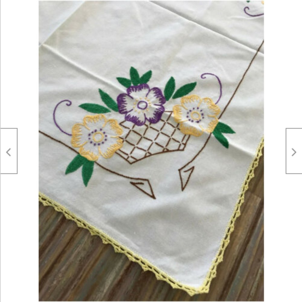 Hand Embroidered White Cotton Tablecloth Vintage Pansy Flower Design 29x30"
